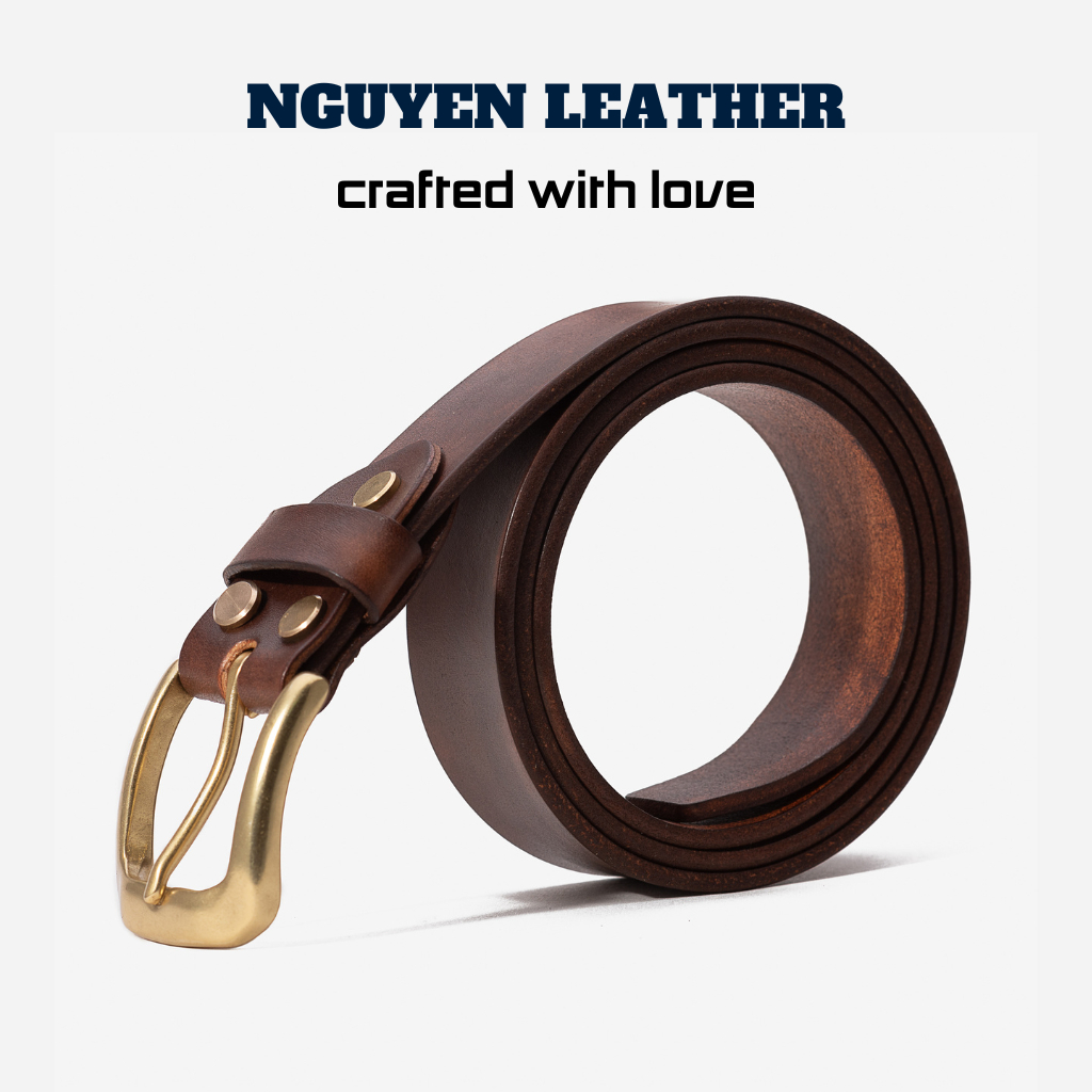Dây thắt lưng nam cao cấp, dây nịt dây lưng nam da veg nhuộm thủ công đầu khoá đồng đúc nguyên khối HNP NGUYEN LEATHER