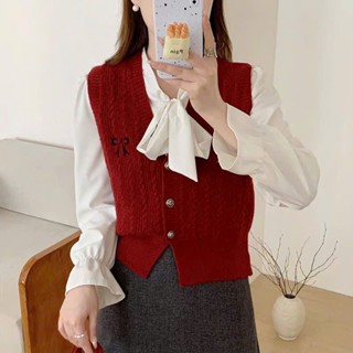 Áo GILE Nữ, áo GILE len thêu nơ ( Không kèm áo trong) pc Hàn Quốc màu đen trắng xám be hồng mặc phối sơ mi HOT-LaRoSa