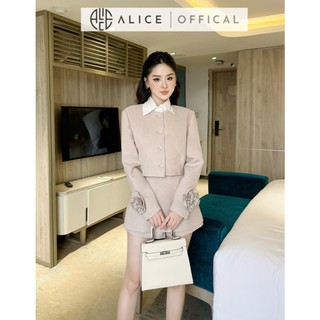 Set Đồ Nữ Thanh Lịch Chất Chéo Rubi Lót Lụa Alice, Áo Croptop Dài Tay Gắn Hoa Bản To Cổ Sơ Mi Phối Quần Váy Ngắn S778