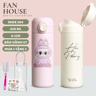 Bình giữ nhiệt khắc tên Fan House 420ml bình nước giữ nhiệt 12h inox 304 có màn hình nhiệt độ