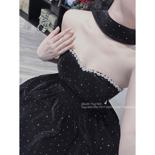 Đầm nhung bí dây cổ nơ lưng