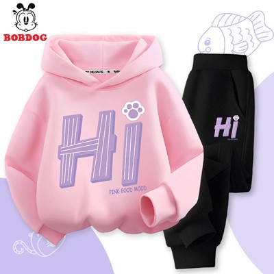 Bộ nỉ bé gái BOBDOG 2026, bộ quần áo thu đông áo hoodie quần nỉ da cá ấm áp in hình HI cute HX-KS65