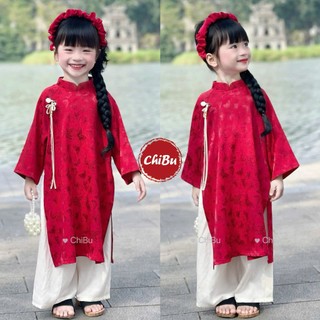   TẶNG BỜM NHÚN  Áo dài bé gái gấm lụa Hồ Điệp đỏ cao cấp mềm mịn quần lụa ngọc trai ChiBu cho bé 10-40kg 
