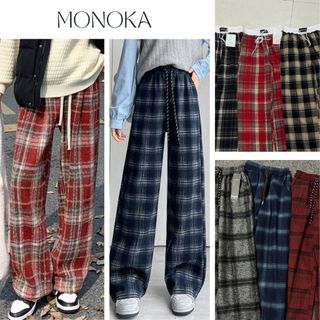  Quần ống rộng nam nữ kẻ caro dây rút chất dạ Quần dài ống suông thu đông sọc ô  unisex đi học đi chơi noel T559G MONOKA 