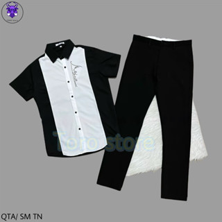 COMBO 1 Quần Tây (Âu) Đen Trơn Và 1 Áo Sơmi Ngắn Tay Đen Phối Trắng Thêu Chữ Dành Cho Nam