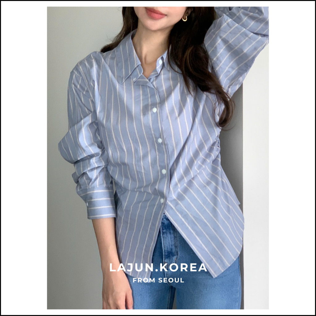 [LAJUN KOREA] Áo Sơ Mi Kẻ Grove Stripe Nhún Eo Tay Dài Chất Liệu Cotton Mỏng Nhẹ Hàn Quốc