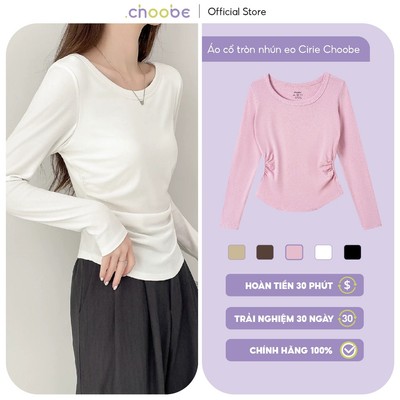 Áo thun dài tay Cirie Choobe cổ tròn sâu gợi cảm ôm nhẹ cách điệu nhún eo vải cotton co giãn A125