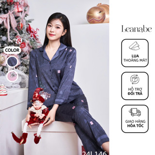 Bộ Ngủ Pyjama Nữ Lụa Cao Cấp Áo Tay Dài Quần Dài, Bộ Mặc Nhà Nữ Thu Đông Lụa Dài Tay Leanabe Homewear 24L14