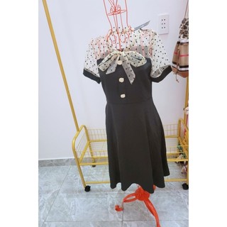 🧡Đầm Đen Chấm Bi Tay Ren Phồng Đính Nút Kiểu, Vải Có Co Giãn Nhẹ Thời Trang Size Dưới 59kg🧡
