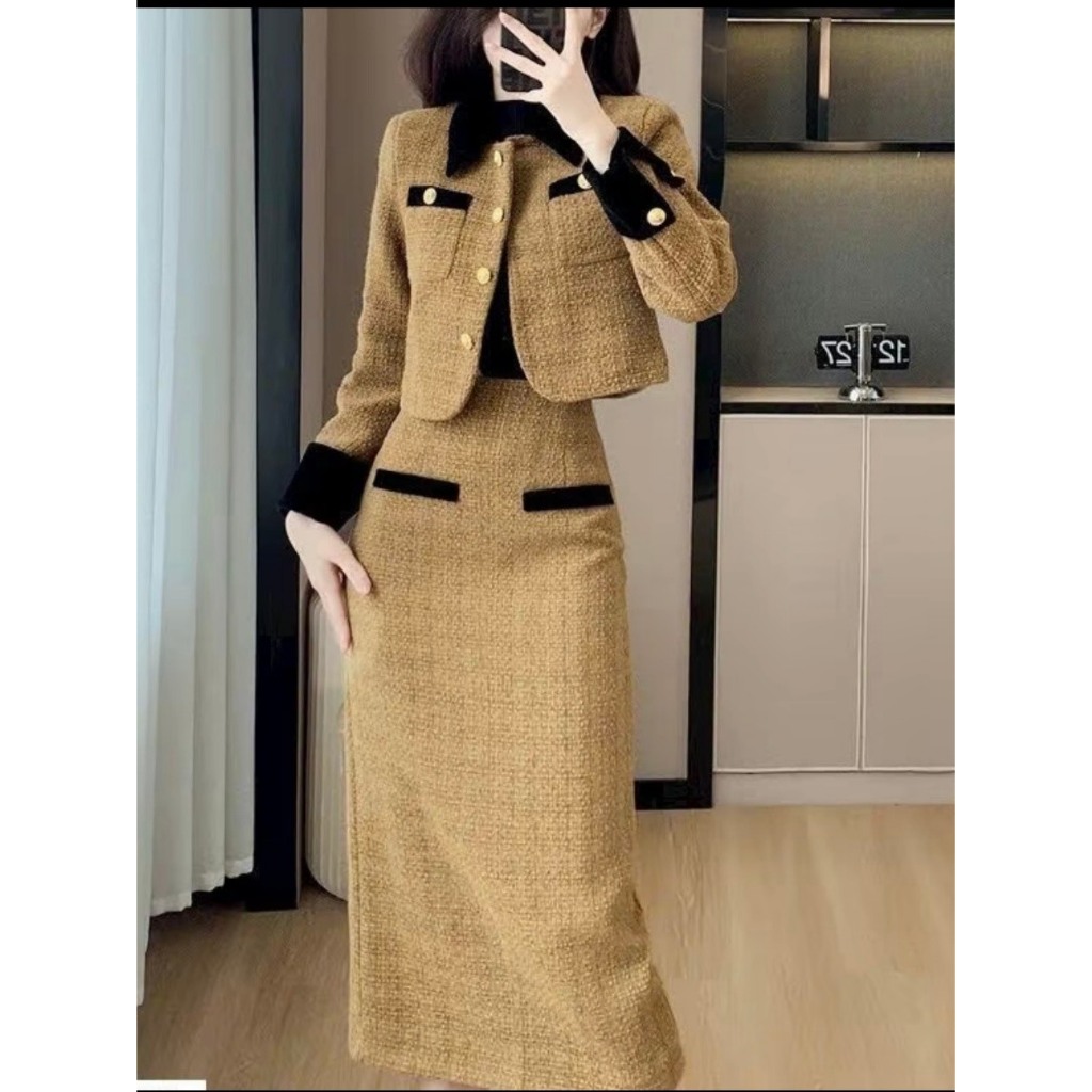 Sét Áo Chân Váy Dạ Áo Dạ Tweed Áo Khoác Dạ Cổ Tàu dáng ngắn tiểu thư áo cardigan Dạ dày dặn Màu Ánh 