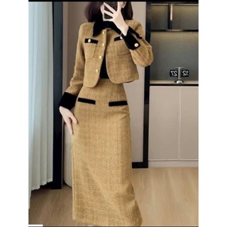  Sét Áo Chân Váy Dạ Áo Dạ Tweed Áo Khoác Dạ Cổ Tàu dáng ngắn tiểu thư áo cardigan Dạ dày dặn Màu Ánh Vàng C8011 NA 