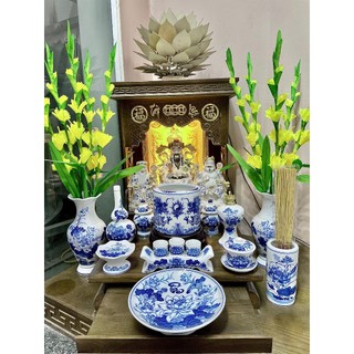  Bộ Đồ Thờ Cúng Men Lam  Cao Cấp Bát Tràng - Bát Hương Mâm Bồng Chóe Thờ Men Lam Bát Tràng Cao Cấp 