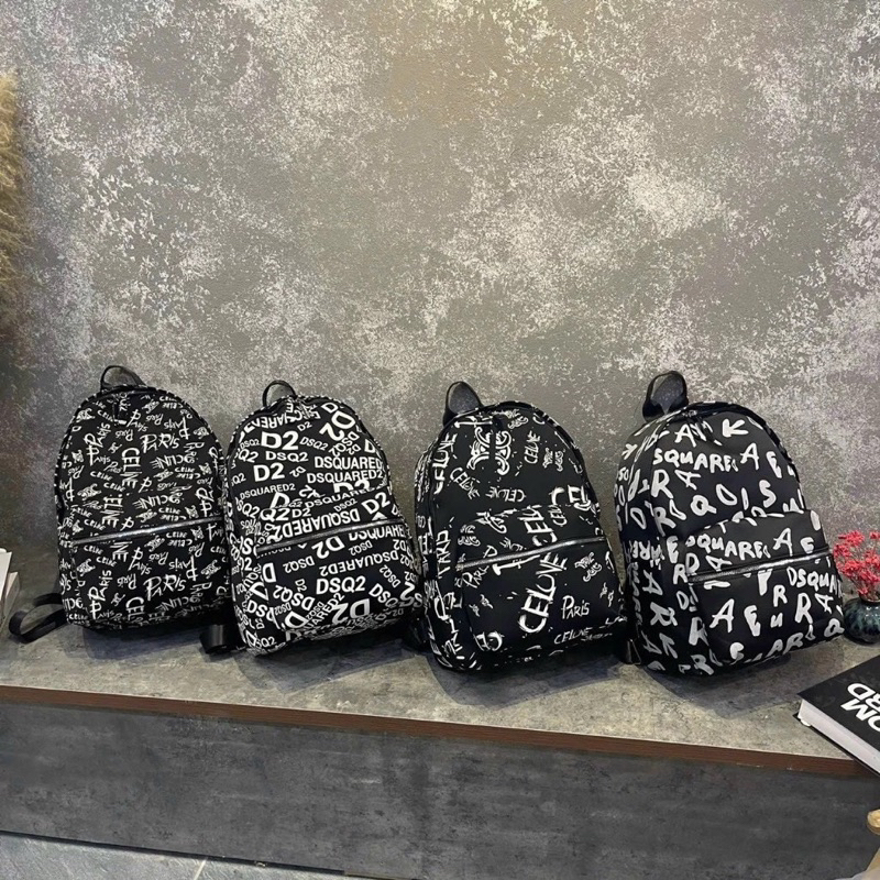 Balo nam nữ D2 vải dù in hoạ tiết chữ monogram trắng khoá zip boy phố gơn phố phong cách