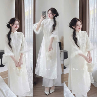 [BÈO BÉO BIGSIZE ] KÈM ẢNH THẬT SET ÁO DÀI KỲ LÂN HOA VIÊN TAY PHỐI LÔNG VŨ KÈM QUẦN SUÔNG FORM 60-90KG