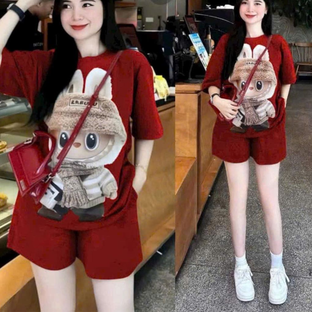 Set đồ nữ mặc nhà rẻ đẹp mùa hè bộ đùi nữ bộ quần áo nữ bigsize chất thun cotton in labuu đeo túi | BigBuy360 - bigbuy360.vn