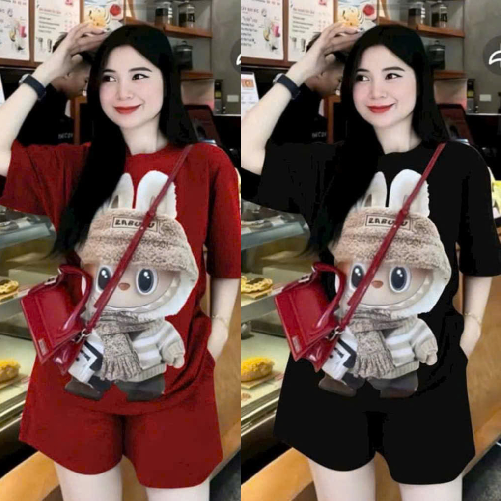 Set đồ nữ mặc nhà rẻ đẹp mùa hè bộ đùi nữ bộ quần áo nữ bigsize chất thun cotton in labuu đeo túi | BigBuy360 - bigbuy360.vn