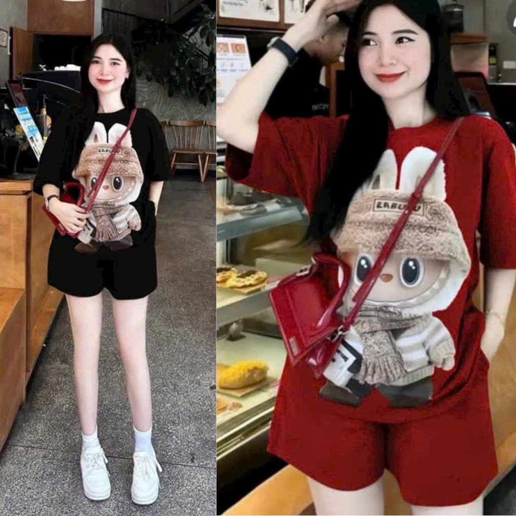 Set đồ nữ mặc nhà rẻ đẹp mùa hè bộ đùi nữ bộ quần áo nữ bigsize chất thun cotton in labuu đeo túi | BigBuy360 - bigbuy360.vn