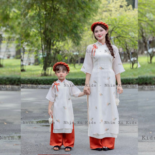   4-64kg  Áo Dài Cách Tân Kem Hoa Thêu NHÍM XÙ KIDS Chất Xốp Thêu Cho Bé Gái Đến 8 Tuổi - AD136 
