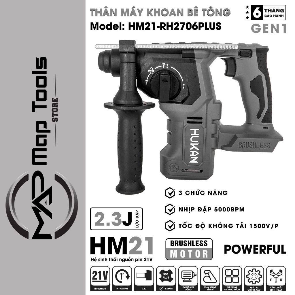 Máy khoan bê tông pin HUKAN HM21-RH2706PLUS, Động cơ Không chổi than, 3 Chức năng, Lực đập 2.3j