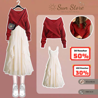 Set váy áo nữ thu đông, Bộ 2 chi tiết áo len nữ vạt chéo len dày QC cao cấp tay dài và váy dài 2 dây voan lụa nhiều lớp