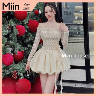 Váy nhung dài tay vai bồng chân bom