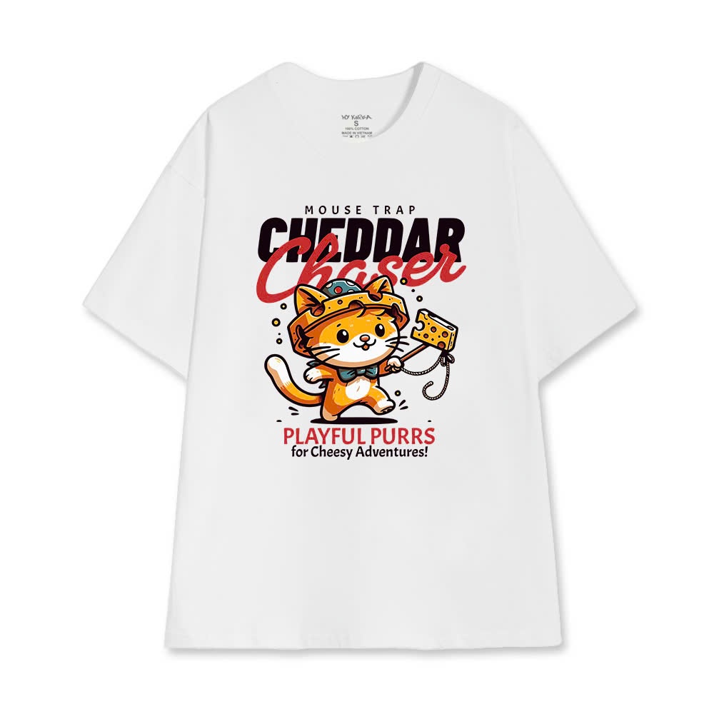 Cao cấp - Áo thun oversize in hình con Mèo và cục phô mai Mouse Trap Cheddar Chaser Playful Purrs fo