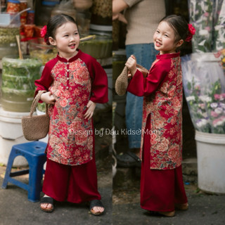 Áo dài Mẫu Đơn - Chất liệu lụa đũi đỏ đô cho mẹ và bé Đậu Kids&Mom