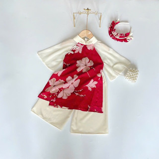 [TẶNG KÈM CÀI] ÁO DÀI THIẾT KẾ FORM TRUYỀN THỐNG CHO BÉ GÁI HOA VÀNG VỚI ÁO TƠ THÊU VÀ QUẦN LỤA MIN BOUTIQUE