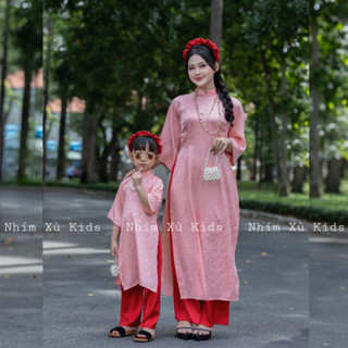   4-64kg  Áo Dài Gấm Cam Đào Mẹ Và  Bé Gái NHÍM XÙ KIDS Cho Bé 1 Tháng - 8 Tuổi Chất Gấm Lụa AD154 