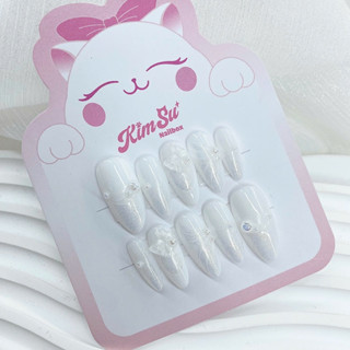 [M155] KimSu Nailbox thiết kế trắng gạo nhũ ánh trai đính nơ