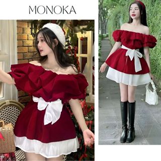 Set đồ nữ áo váy trễ vai đỏ bèo to +  dây thắt lưng buộc nơ + Chân váy voan tơ xòe có quần đi chơi noel tết MONOKA T733G