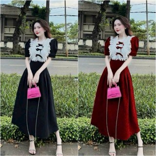Đầm nhung thời trang cho nữ tay ngắn form váy dài đính ren và nơ ở cổ mặc xinh mẫu mới 2 màu đỏ đen,