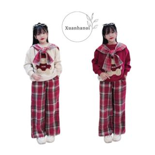 Bộ bé gái áo nỉ kèm khăn và quần dạ kẻ caro suông 12-38kg XHN1652