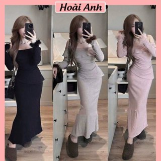 Set Bộ Đồ Nữ Len Thỏ Ôm Body Áo Trễ Lệch Vai Bèo Đính Cúc Tay Lông Nhún Eo Mix Chân Váy Đuôi Cá Dáng Dài Freesize