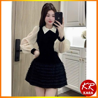 (QC loại 1) Váy Nhung Phối Tơ Dài Tay Phối Ren Chân Váy KARA 545