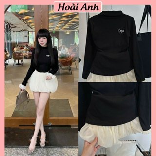 Set Bộ Đồ Nữ Áo Len Tăm Đen Ôm Body Cao Cổ Dài Tay Phối Bèo Tag Nơ Rời Mix Chân Váy Tơ NHũ Bồng 2 Lớp Freesize