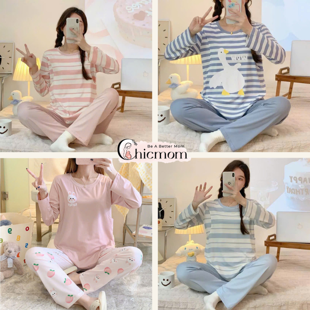 Bộ mặc bầu và sau sinh có nút mở áo cho con bú và nút điều chỉnh chun quần chất cotton mềm mát nhiều màu đủ size