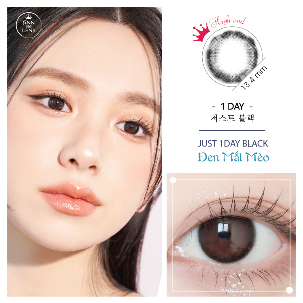  Lens Đen 1 Ngày Ann365 JUST BLACK - Kính Áp Tròng Cận 1 Ngày Ann365 Đen Mắt Mèo 