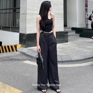 Quần kẻ sọc ống rộng Đen Trắng khuy cài lưng chun thun sau dáng quần ống rộng kẻ túi trước sau vải Tuytsi không nhăn