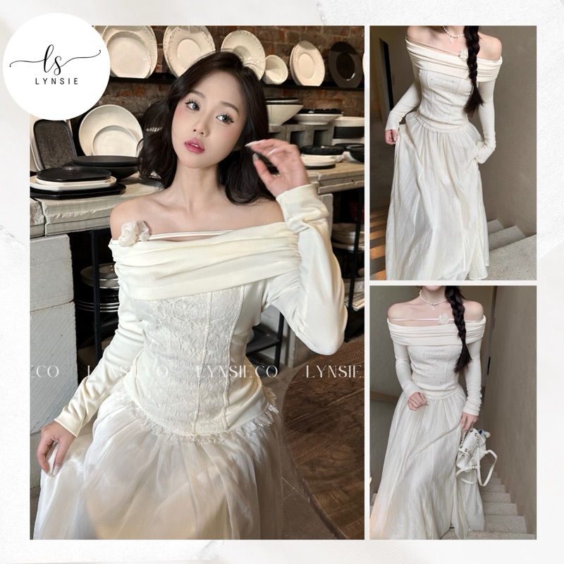   Stella dress  Set váy dài mix áo trễ vai nhún phối ren và dây hoa tơ  Ảnh thật by Lynsie  