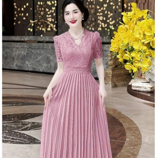 Đầm ren nữ trung niên dự tiệc phối chân váy xếp ly sang trọng trẻ trung - Đầm trung niên thiết kế tặng mẹ