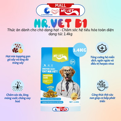 [HỎA TỐC] Thức ăn dạng hạt MrVet D1 dành cho chó - 1.4kg - Giúp chăm sóc hệ tiêu hóa toàn diện - Chính hãng