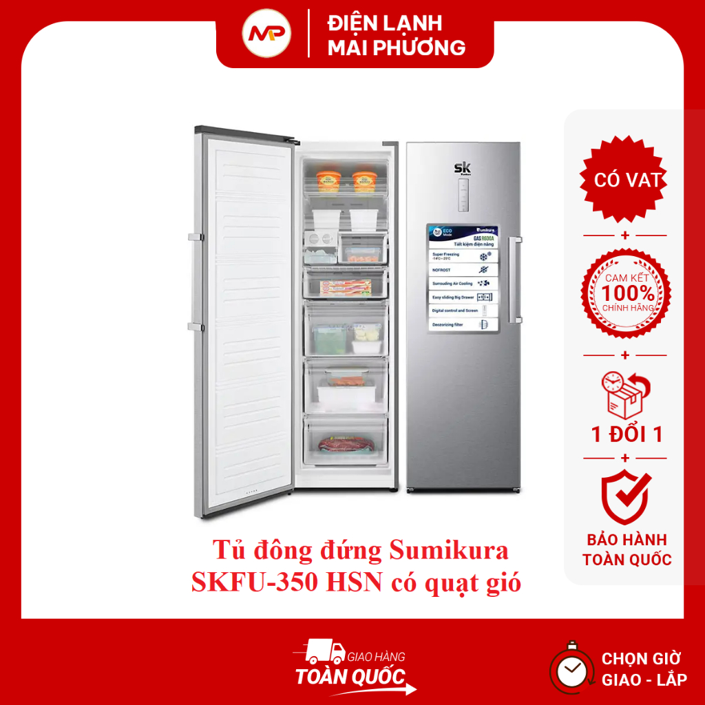 Tủ đông đứng Sumikura SKFU-350HSN 350L, Kích thước 1880x600x720mm, Dung lượng 350L