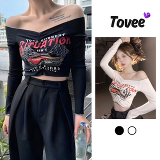 Áo Croptop TAY DÀI SITUATION NHÚN NGỰC Trễ Vai Chất Thun Gân Mềm Mát, Áo Thun Ôm Body Kiểu Sexy Nữ In Hoạ Tiết Đẹp TOVEE