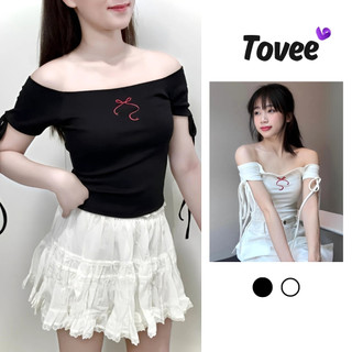 Áo Croptop Tay Ngắn TRỄ VAI NƠ ĐỎ Phối Dây Buộc Nơ BM98, Áo Thun Hở Vai Thêu Họa Tiết Chất Borip Kiểu Sexy TOVEE