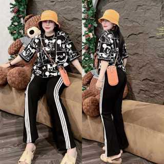 Đồ bộ nữ, set đồ bộ quần ống loe có túi, áo ngắn tay in mickey vải thun gân tăm lạnh, quần áo nữ