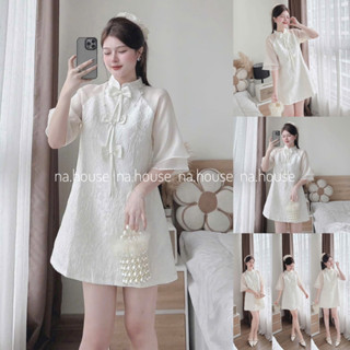  Đầm trắng dáng suông cổ tàu đi chơi dạo phố Nahouse váy tiểu thư gấm kèm quần thiết kế đẹp xinh xắn xịn và sang trọng 