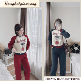  Bộ thu đông nữ,bộ thể theo nữ áo hoodie nỉ lót nhung cổ tròn dài tay phối chữ ngực 2m mix quần dài ống bo chun HCOM3657 