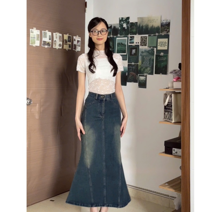 Chân váy đuôi cá SARAMIA váy bò vải jean dài chữ A vải bò denim nữ đen xòe cạp cao che bụng V15 | BigBuy360 - bigbuy360.vn