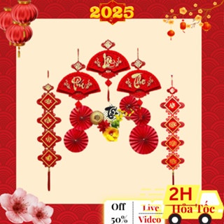 Trang Trí Tết 2025 Ất Tỵ, Set Decor Treo Nhà Cửa Kính, Combo Đồ Phụ Kiện Khánh Quạt Ông Thần Tài Lắc - Quạt Hoa Câu Đối